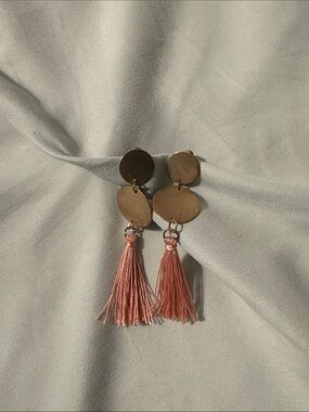 Gold Disc and Pink Tassel Drop Earrings